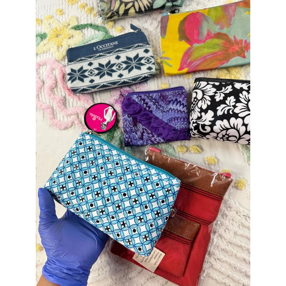 Lot of 7 Cosmetic Bags Travel Pouches L'Occitane Modella Floral Geometric Red